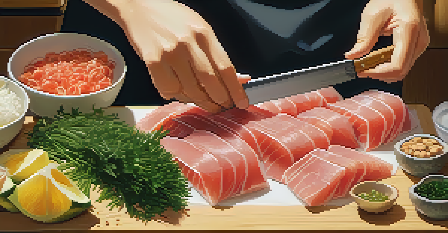 Close-up of hands slicing fresh tuna on a wooden cutting board, surrounded by seaweed, scallions, and nuts in a warm kitchen setting.