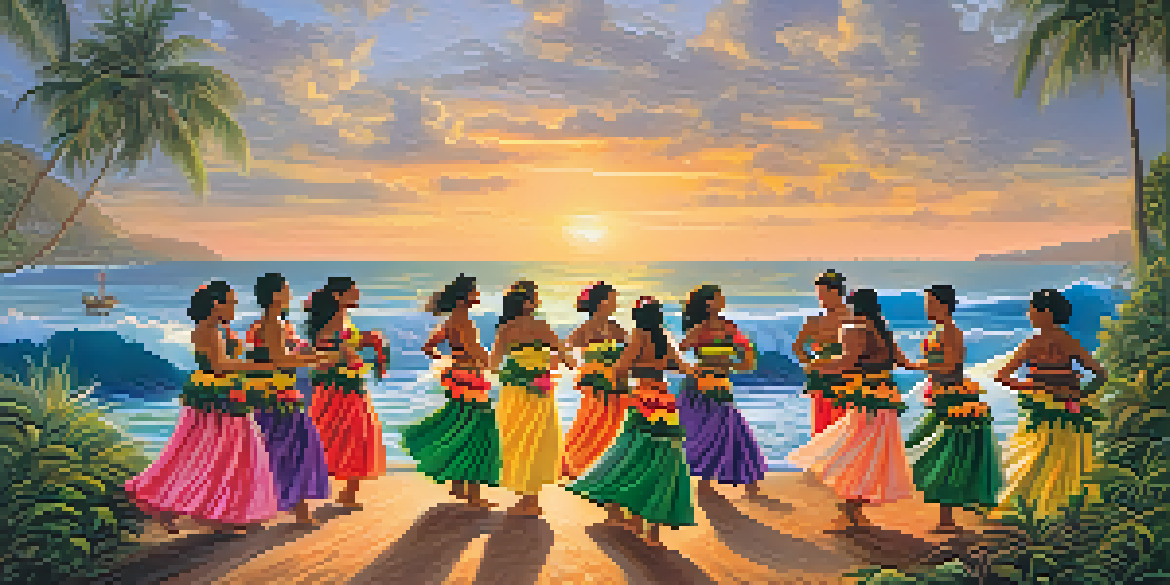 A traditional Hawaiian hula performance at sunset, featuring dancers in colorful attire against a backdrop of tropical plants.