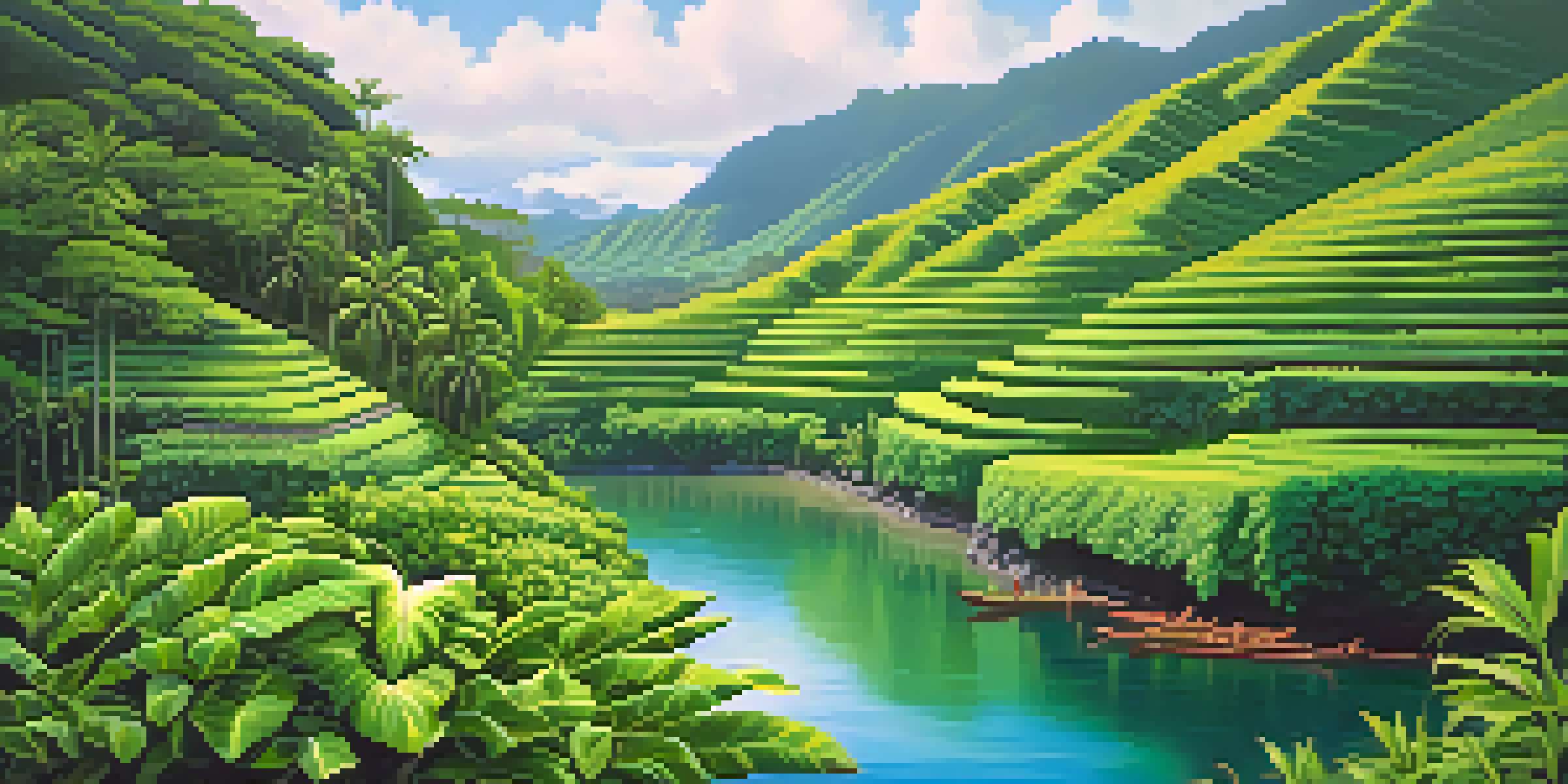 A peaceful view of Hawaiian taro terraces with water flowing through them, surrounded by greenery and a clear sky.