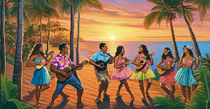 A lively Hawaiian luau with people playing ukuleles and dancing hula under a colorful sunset.