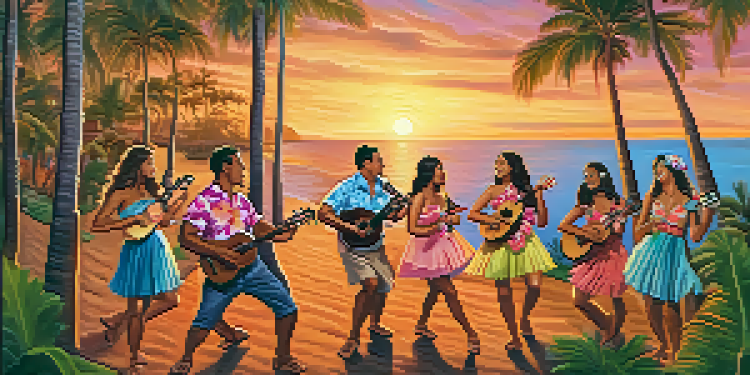A lively Hawaiian luau with people playing ukuleles and dancing hula under a colorful sunset.
