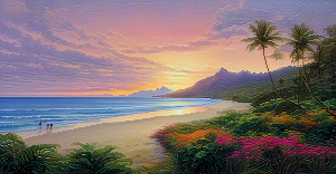 A beautiful Hawaiian beach at sunrise with golden sands, gentle waves, and lush vegetation, featuring a couple walking along the shore.