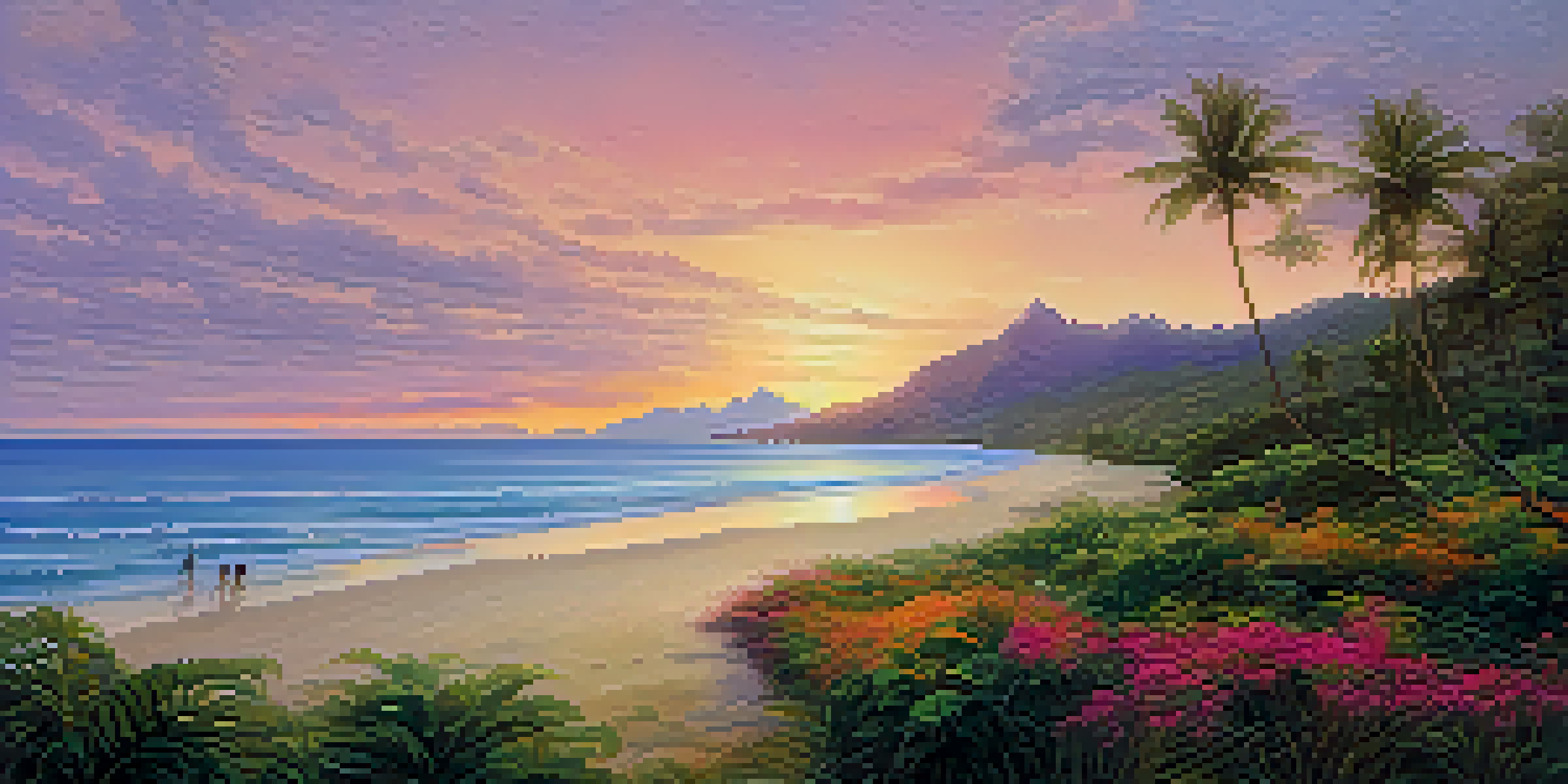 A beautiful Hawaiian beach at sunrise with golden sands, gentle waves, and lush vegetation, featuring a couple walking along the shore.