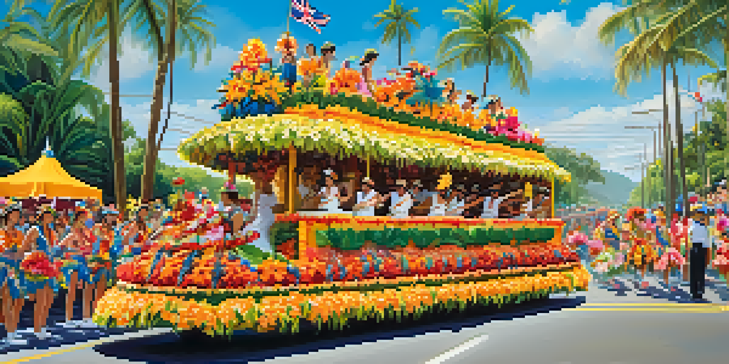 A lively parade showcasing colorful floats and participants in traditional Hawaiian costumes, set against a sunny sky and palm trees.