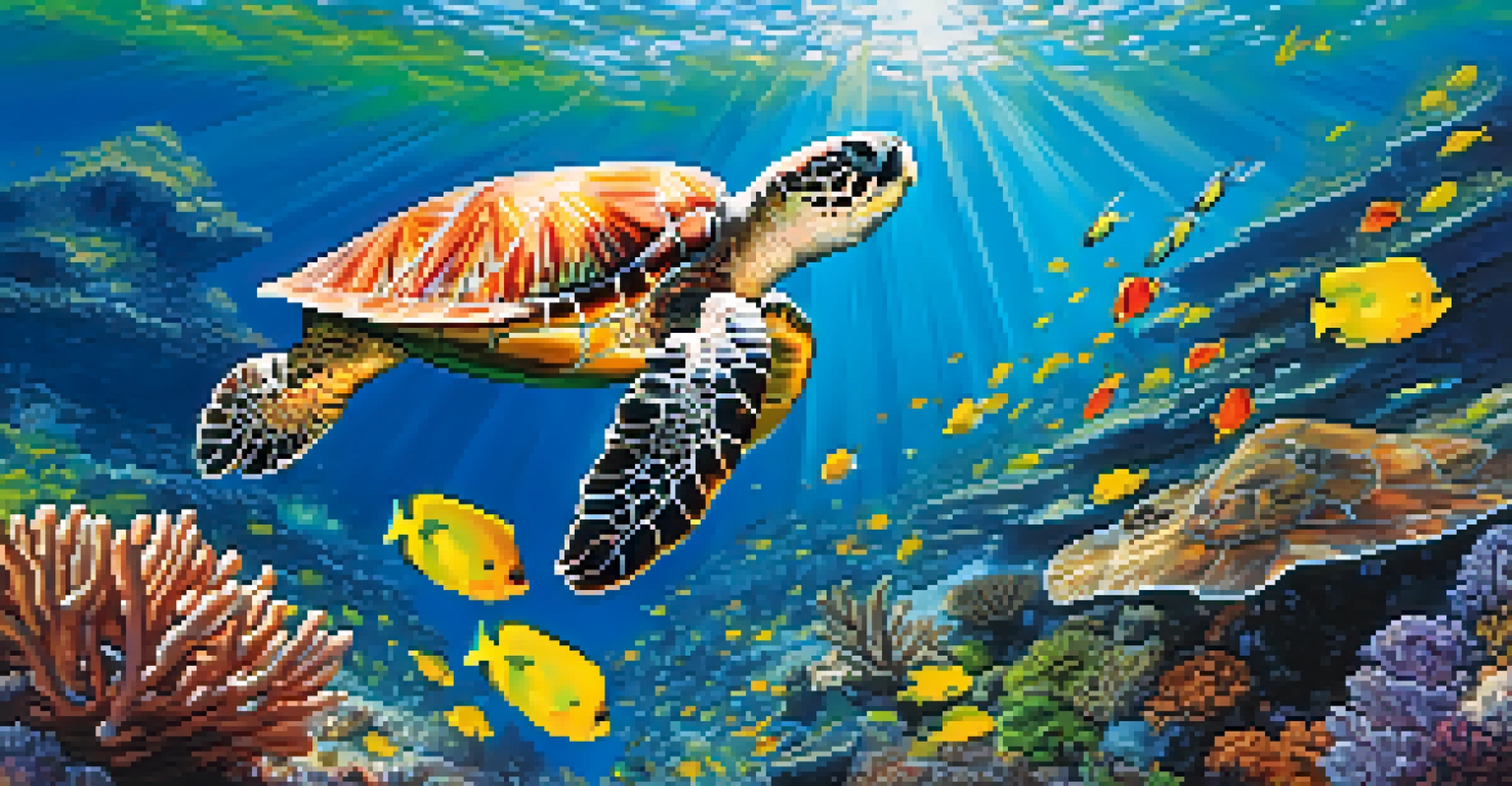 A colorful underwater coral reef in Hawaii, with various fish and a sea turtle swimming amidst the coral formations.