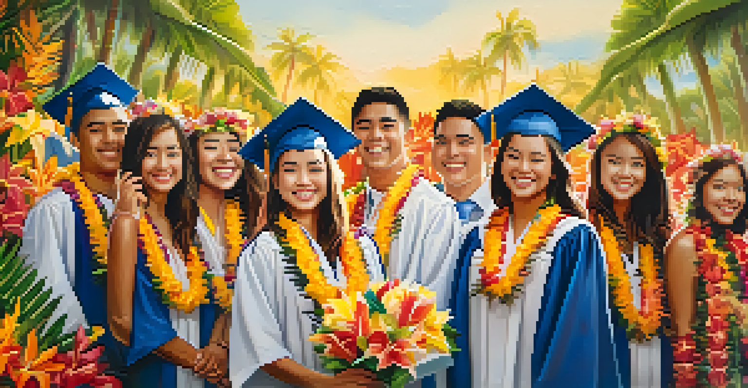 Graduates wearing colorful Hawaiian lei, smiling together at a graduation ceremony with a decorated stage in the background.