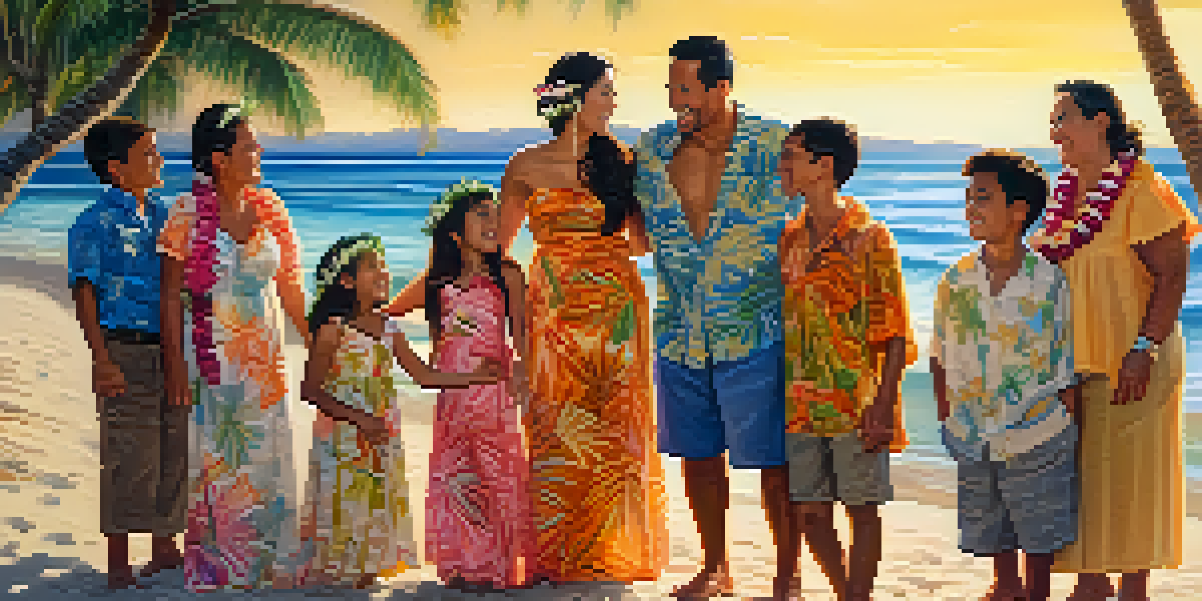 A colorful Hawaiian family gathering on the beach with various ages, surrounded by palm trees and ocean, enjoying the sunlight.