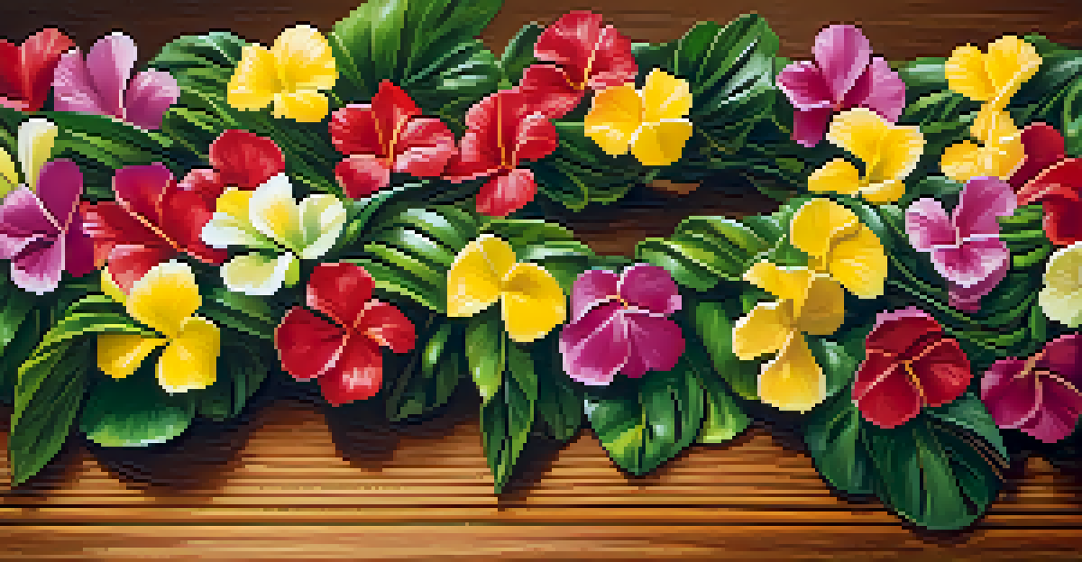 A detailed close-up of a colorful Hawaiian lei made from flowers and greenery on a wooden table.