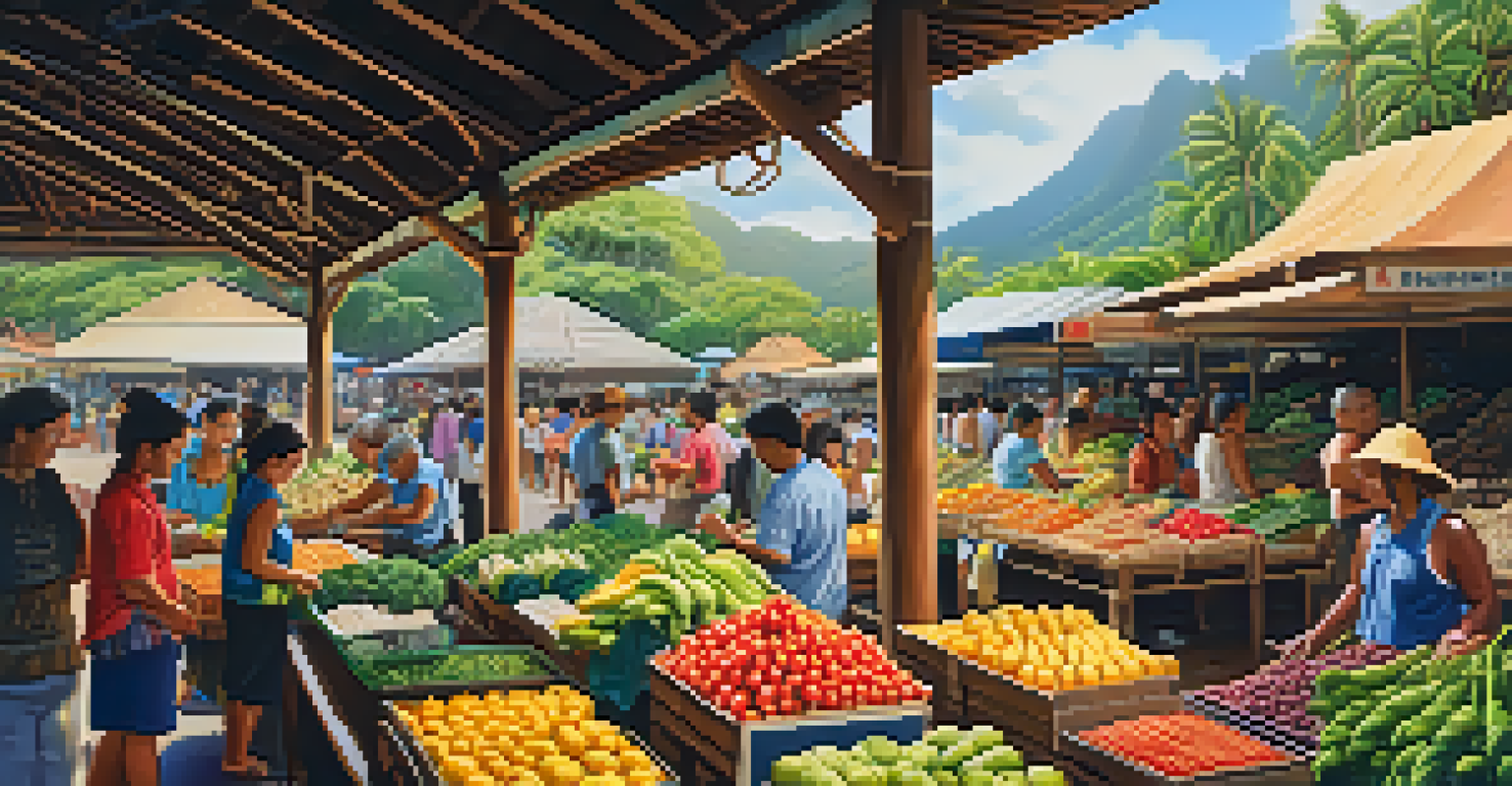 A vibrant Hawaiian market with colorful fruits and local artisans, illuminated by warm sunlight.
