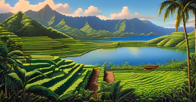 A peaceful view of terraced fields with taro plants and a traditional Polynesian canoe under a bright blue sky.