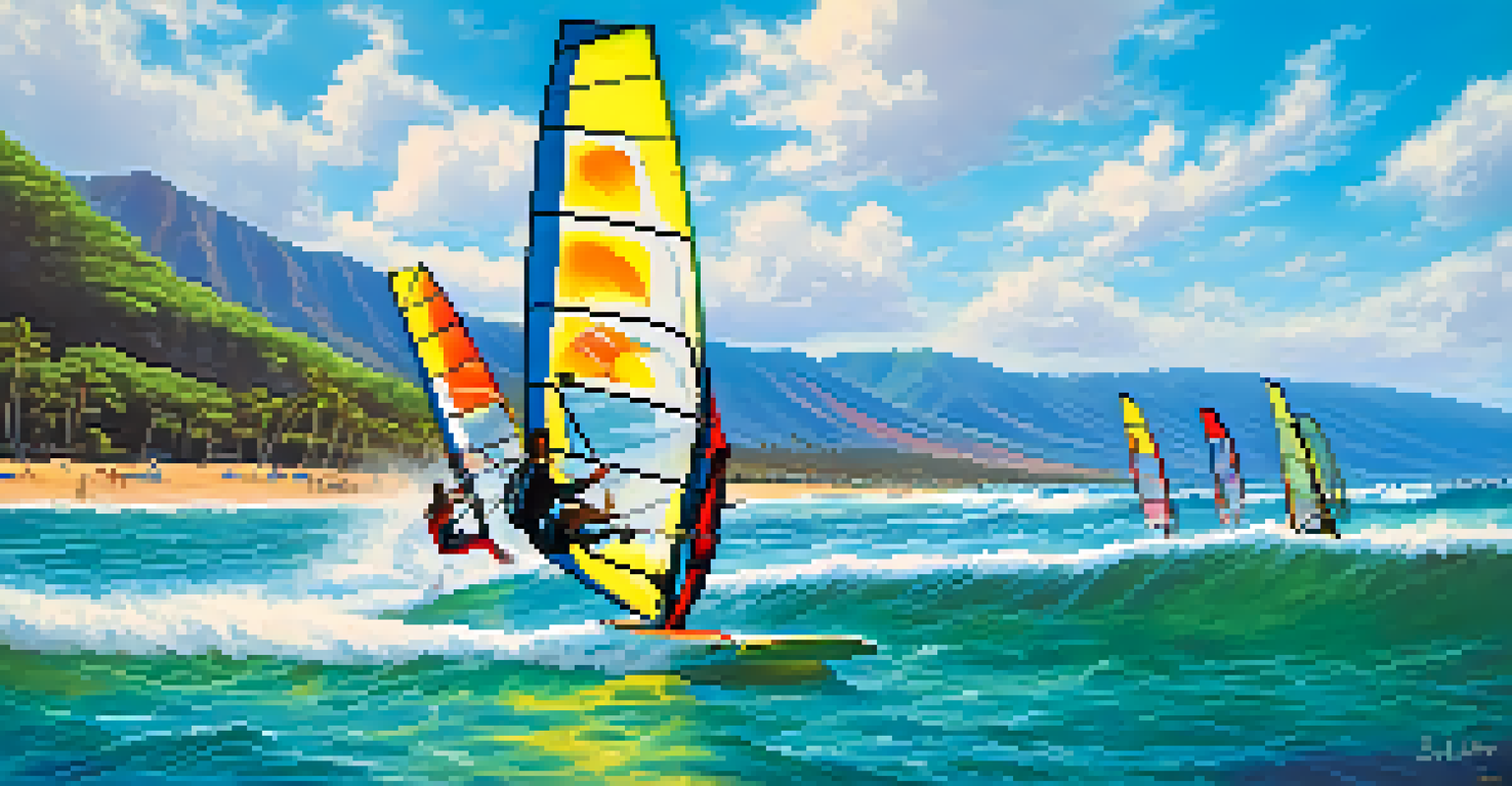 Windsurfers in action at Kaanapali Beach, with blue water and mountains in the background, showcasing the thrill of the sport.