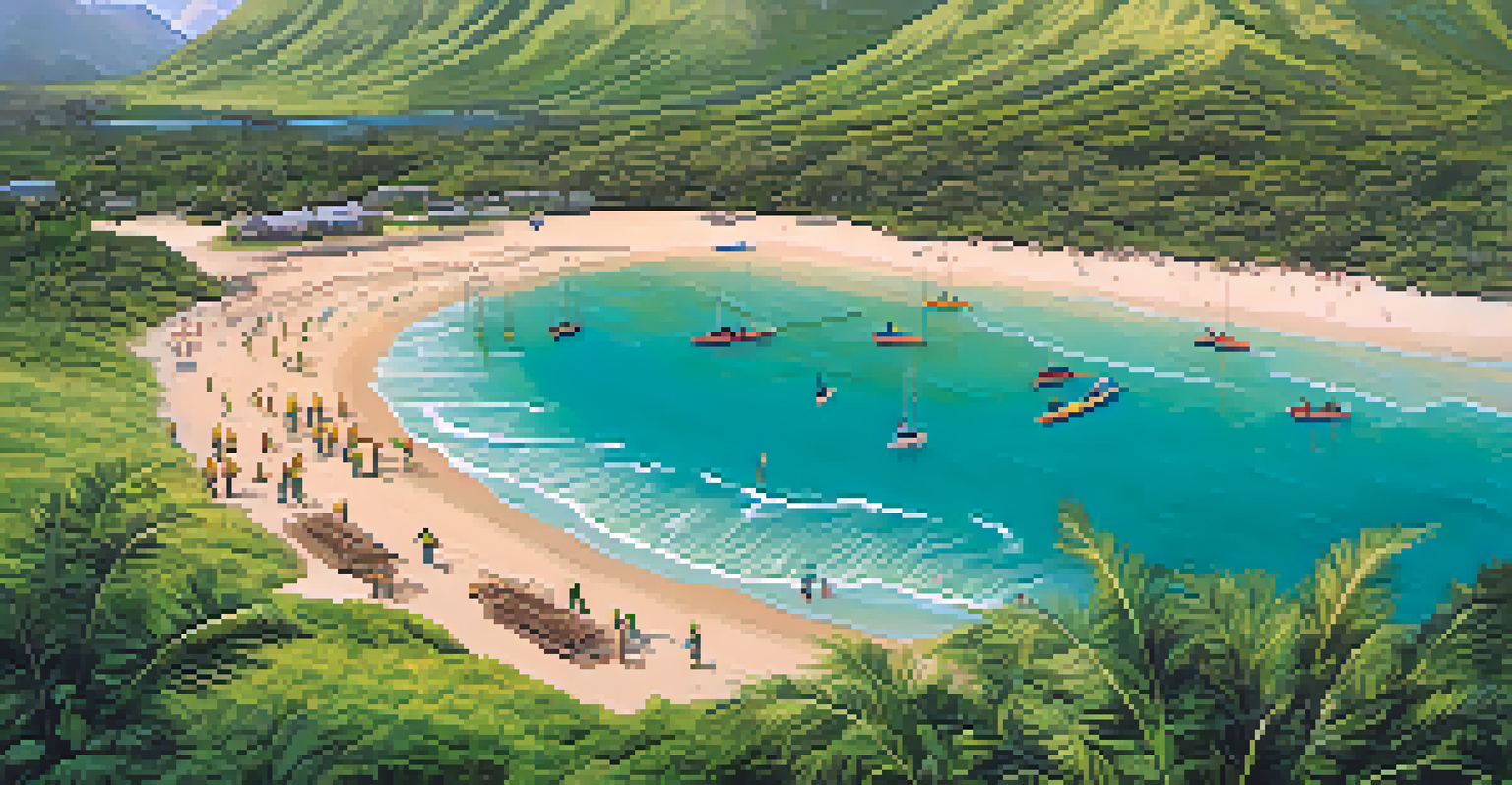 Aerial view of a coastal restoration project in Hawaii, with workers planting vegetation along the shoreline and clear turquoise water.