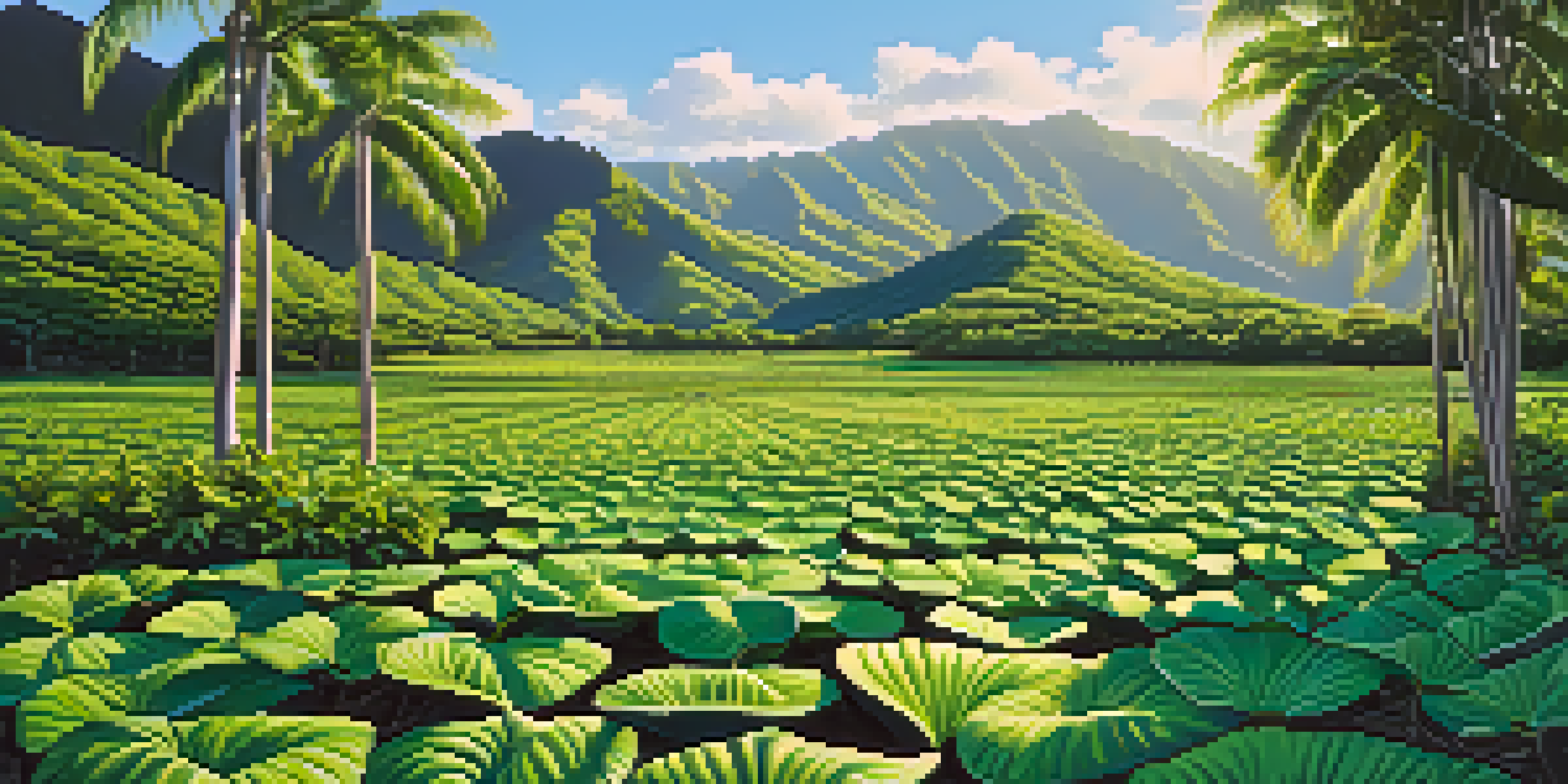 A peaceful scene of green Kalo fields with traditional taro patches in Hawaii, under a clear blue sky, with sunlight casting shadows.