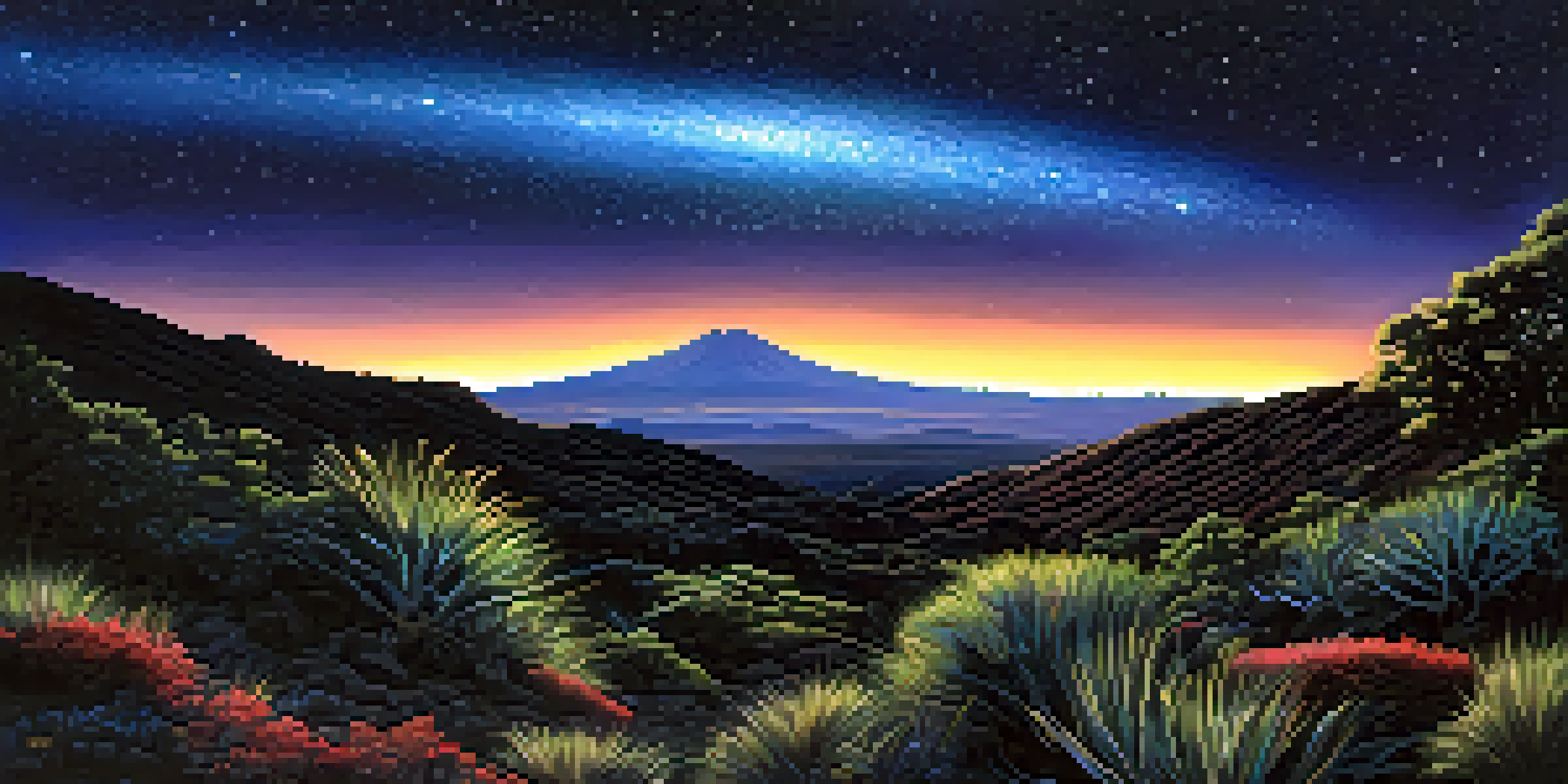 A clear night sky filled with bright stars over Mauna Kea, with observatories and rocky terrain in the foreground.