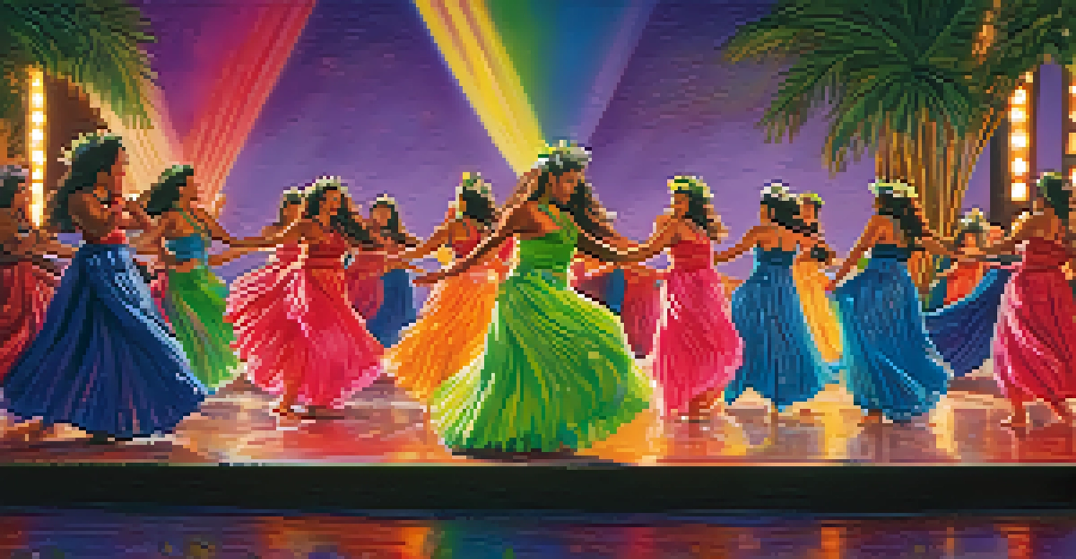 Dancers performing contemporary Hula ʻAuana on stage, wearing colorful costumes, with an audience enjoying the vibrant performance.