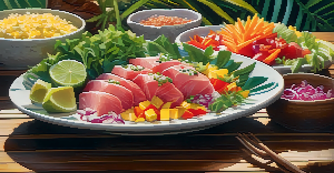 A colorful plate of Hawaiian poke with fresh fish and vegetables, set on a wooden table with tropical plants and ocean view in the background.