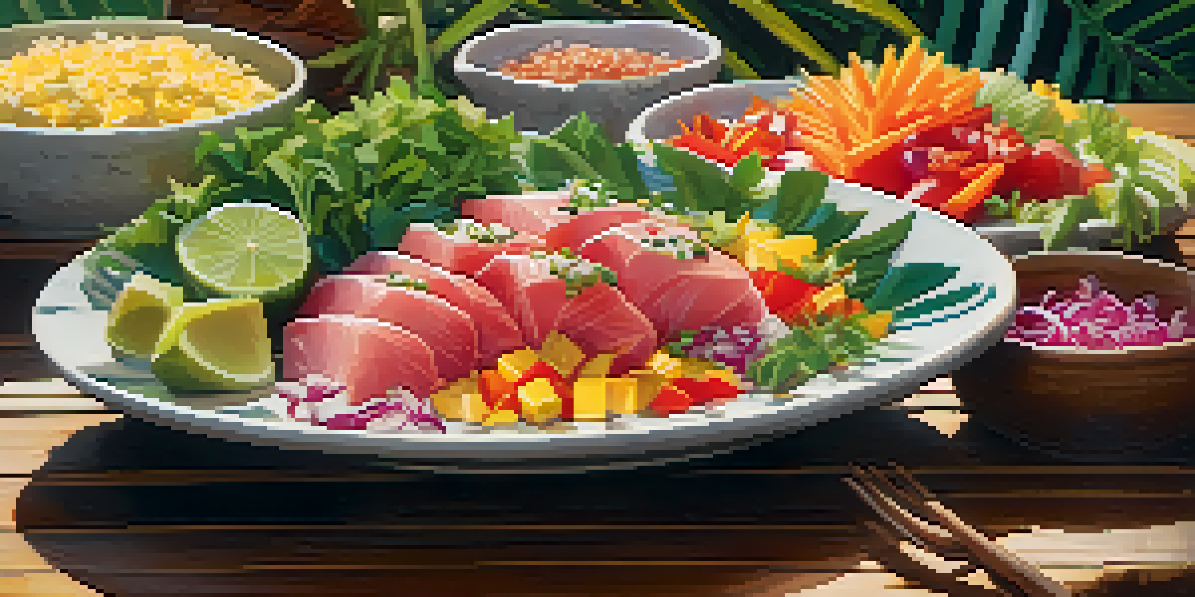 A colorful plate of Hawaiian poke with fresh fish and vegetables, set on a wooden table with tropical plants and ocean view in the background.