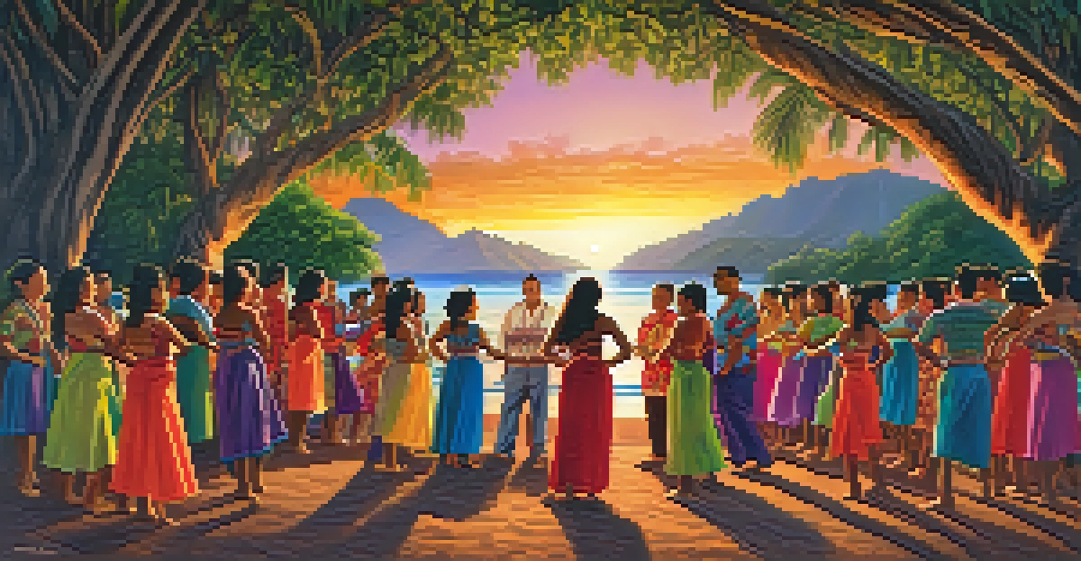 Native Hawaiians performing hula dance under a banyan tree during sunset.