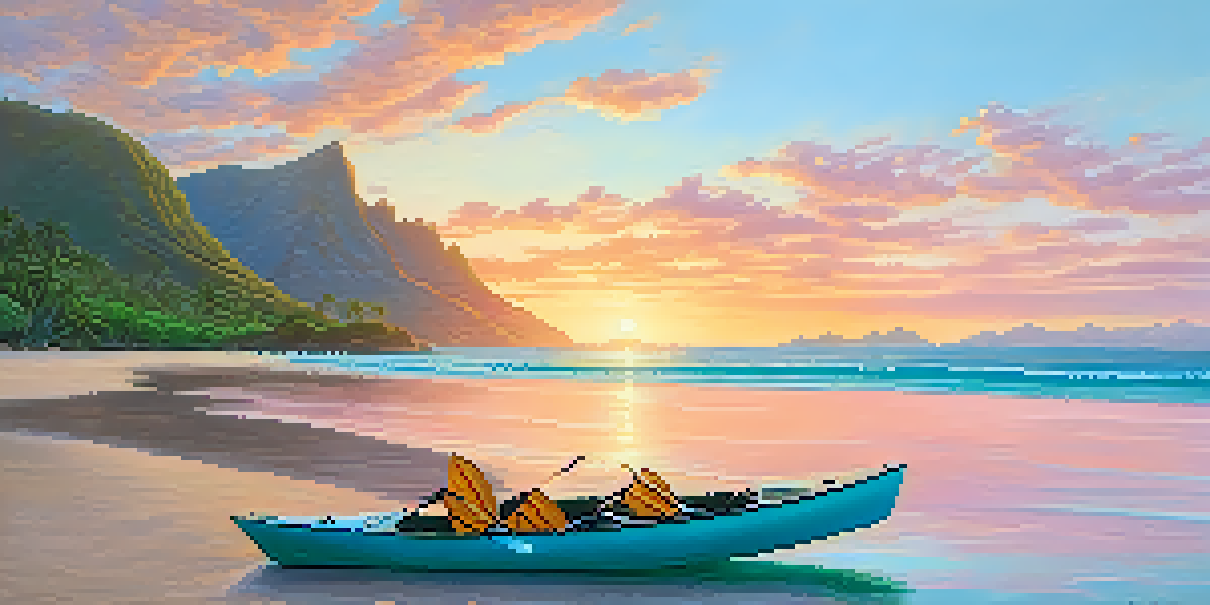 A peaceful sunrise over a calm Hawaiian beach with a kayak in the water, surrounded by vibrant colors in the sky and lush mountains in the background.
