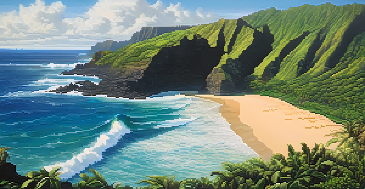 A scenic view of a Hawaiian coastline with sandy beaches, lush vegetation, and cliffs, showing the effects of rising sea levels.