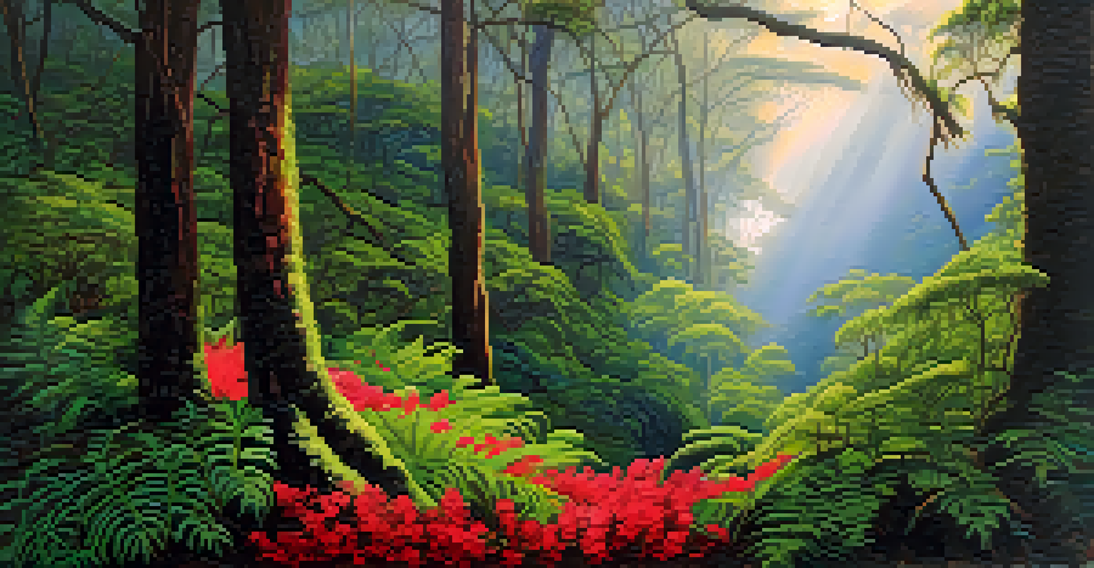 A vibrant Hawaiian rainforest with tall trees and red flowers, surrounded by green ferns and mist.