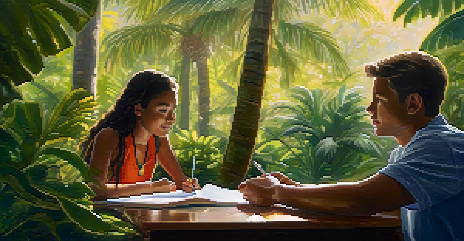 An experienced leader mentoring a young person outdoors in Hawaii, with tropical plants and sunlight creating a warm atmosphere.