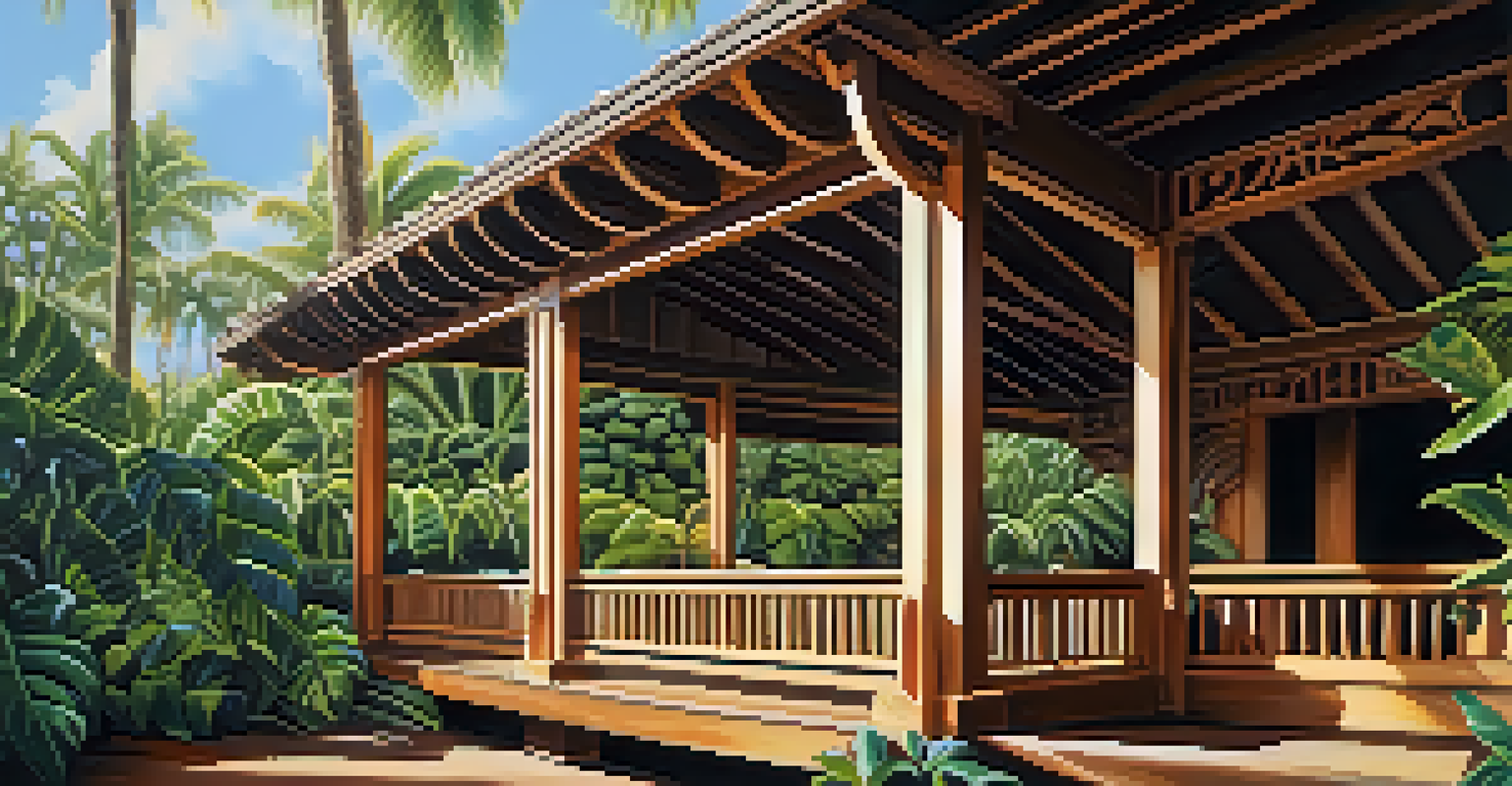 A close-up of a beautifully carved Hawaiian lanai surrounded by tropical plants.