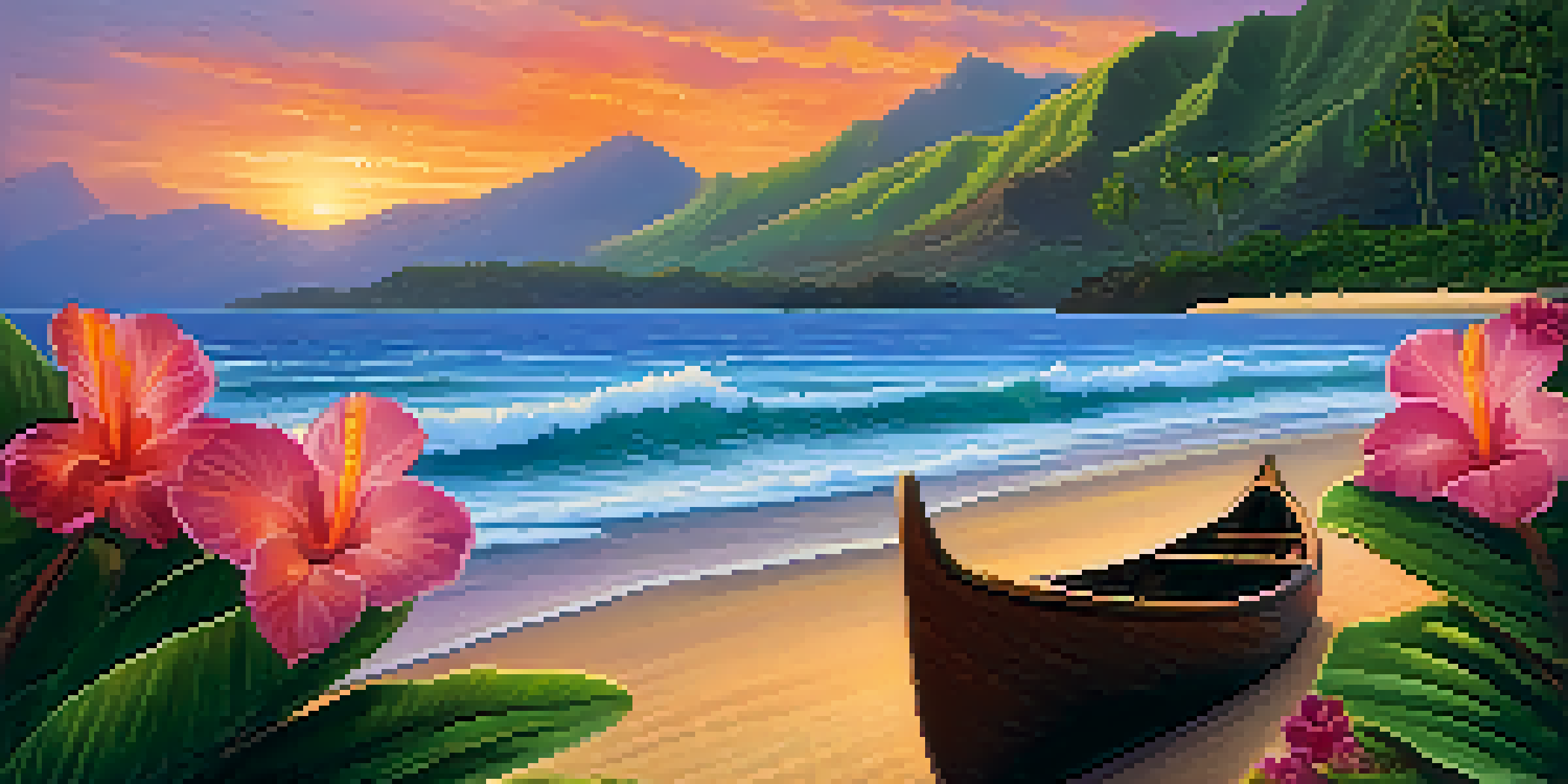 A beautiful Hawaiian landscape with mountains, tropical flowers, and a sunset over the ocean.