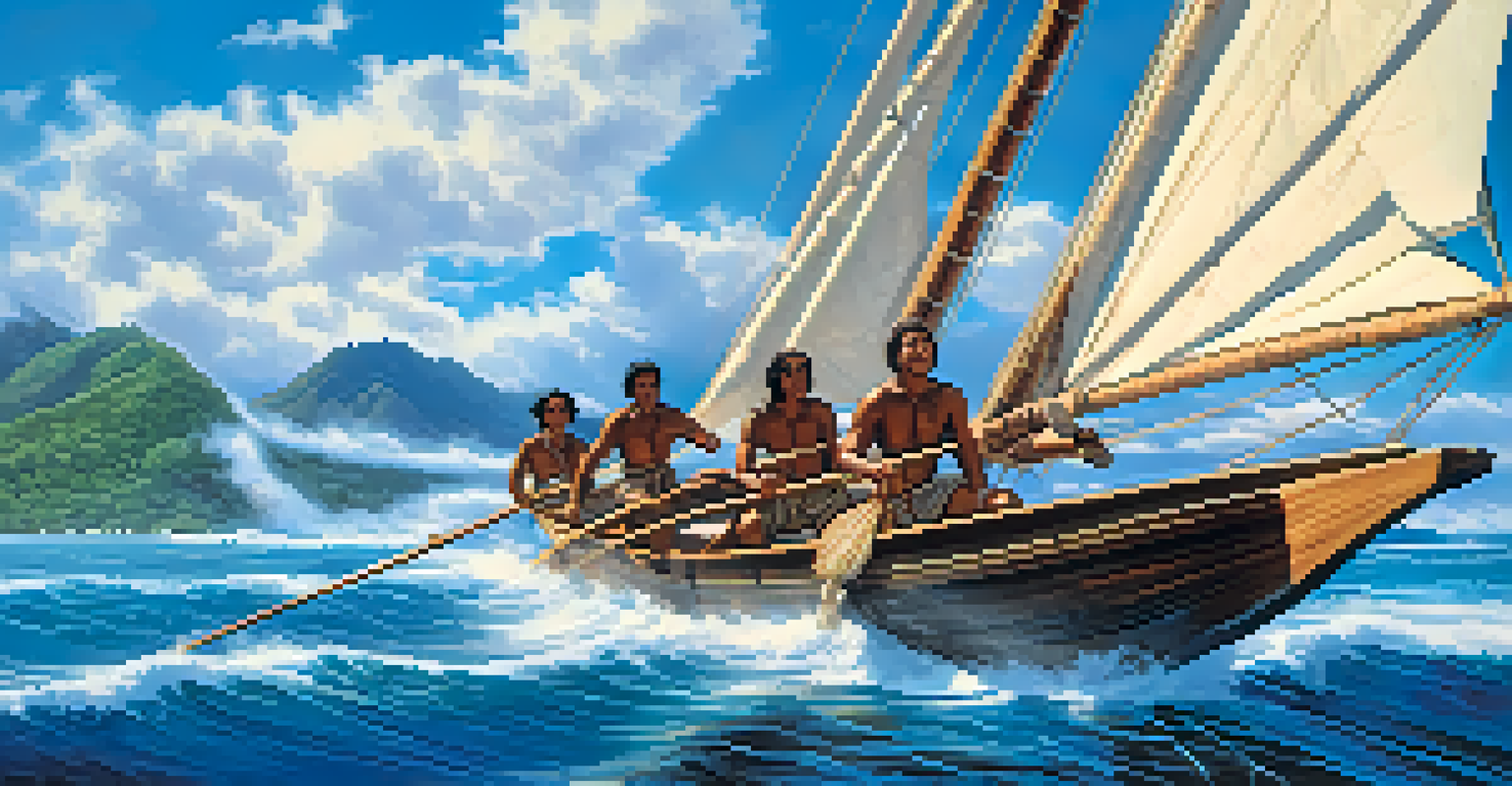 Polynesian navigators on a double-hulled canoe sailing across the Pacific Ocean, with billowing sails and distant islands in the background.