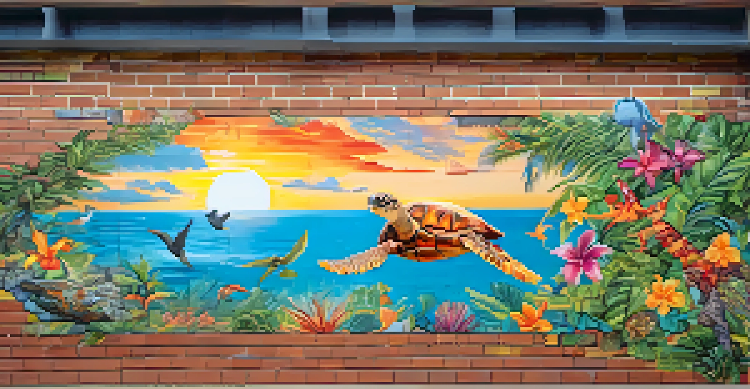 A colorful mural depicting Hawaiian wildlife and phrases in the Hawaiian language on a brick wall.