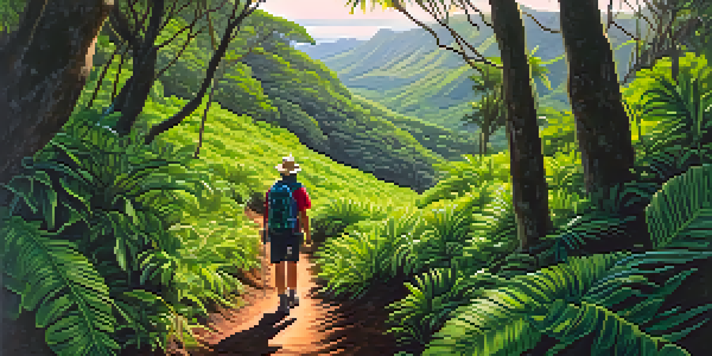 A hiker dressed in lightweight clothing, with a wide-brimmed hat and sunglasses, walking through a lush Hawaiian landscape with sunlight filtering through the trees.