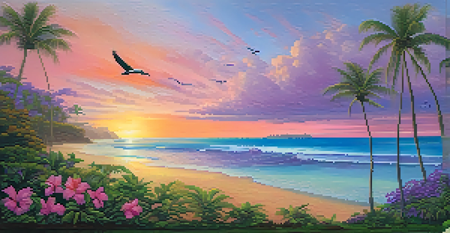 A sunset view of a Hawaiian beach with seabirds flying above and palm trees in the foreground.
