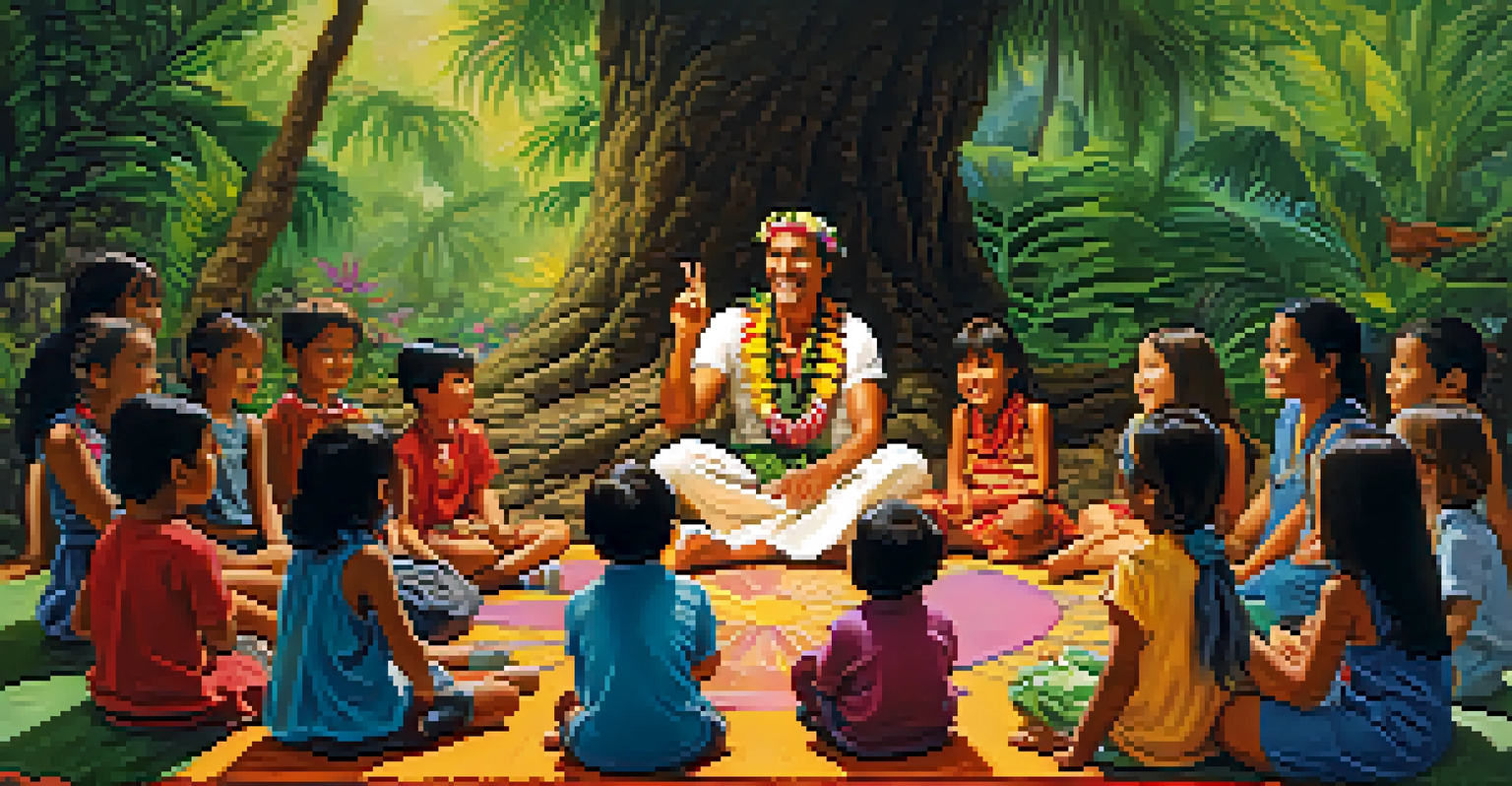 A Hawaiian storyteller engaging with children, sharing myths and legends in traditional attire on a colorful mat.