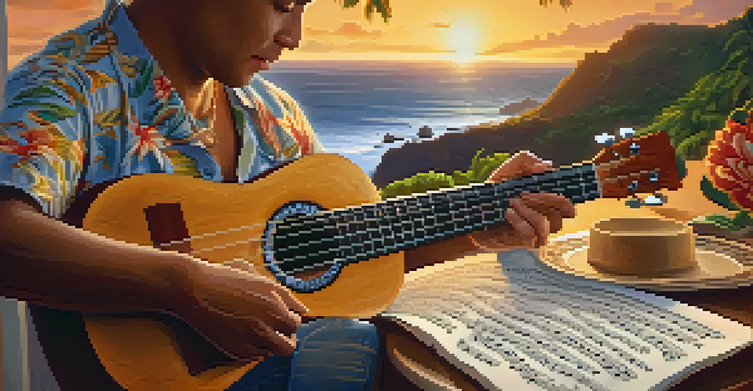 A musician playing a ukulele with a beautiful sunset over the ocean in the background, and Hawaiian sheet music on the table.