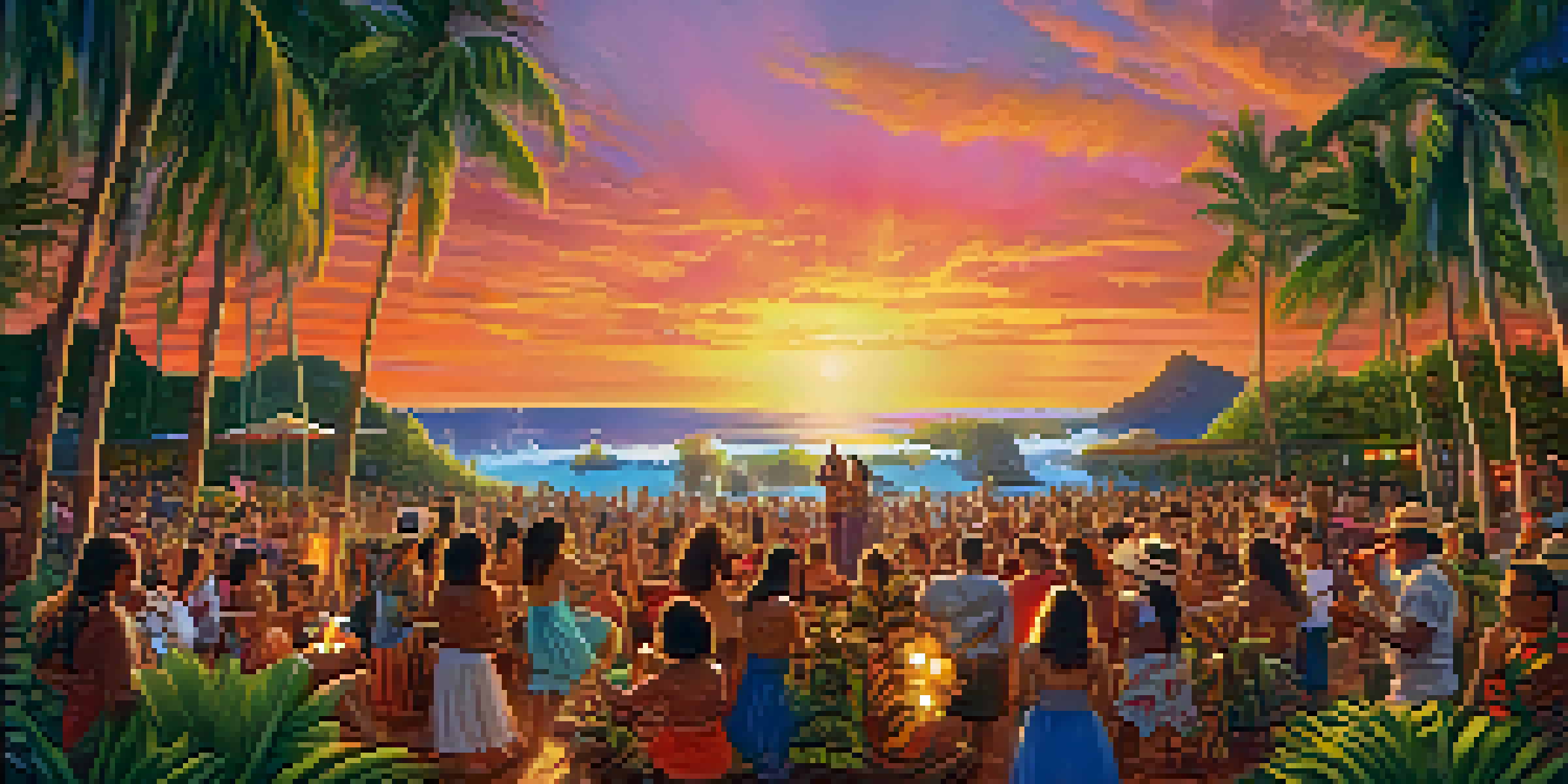 A lively Hawaiian music festival at sunset with musicians and hula dancers performing, surrounded by an enthusiastic audience and tropical scenery.