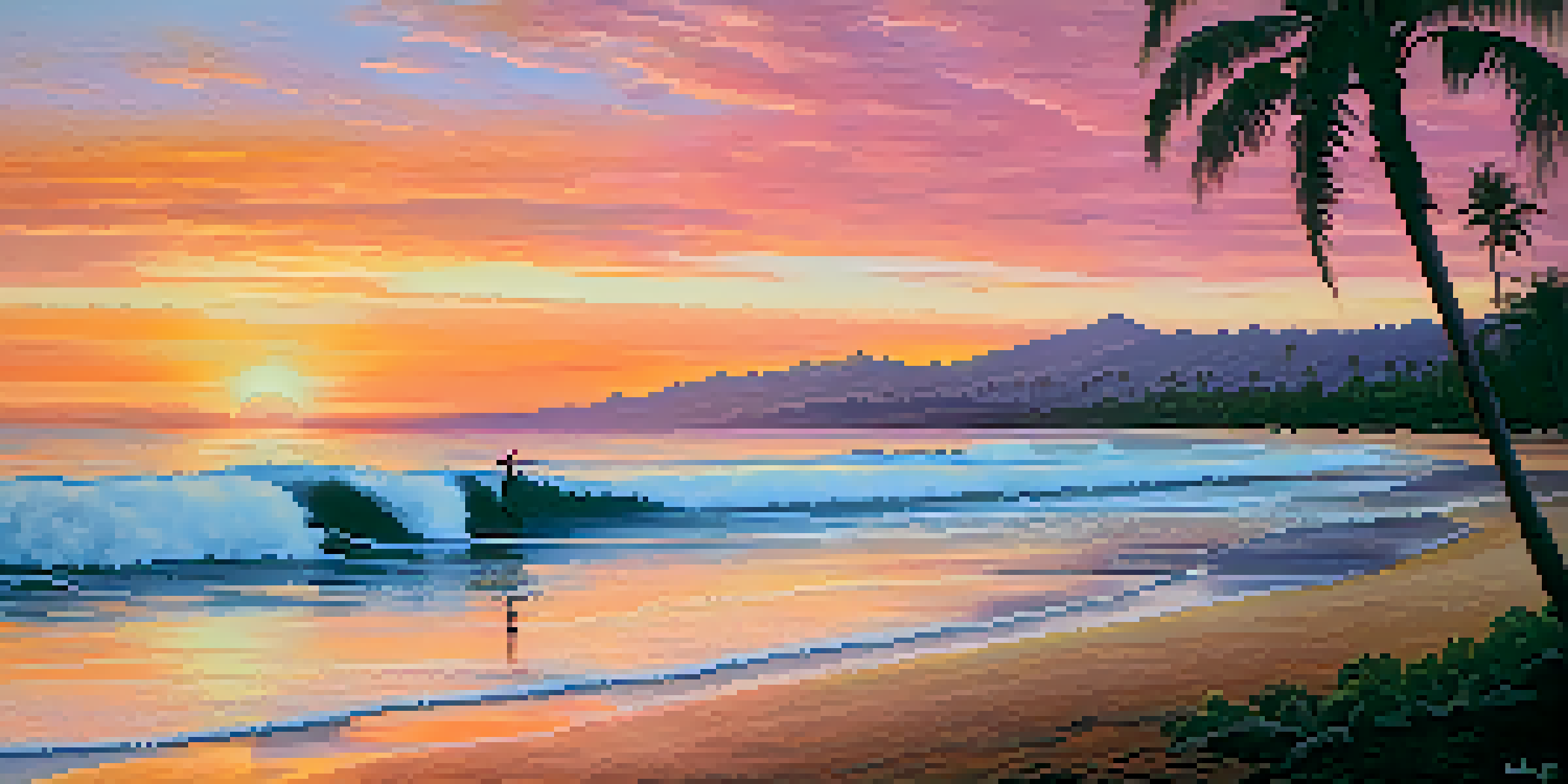 A picturesque Hawaiian beach during sunset, featuring orange and pink skies, silhouetted palm trees, and a surfer riding a wave.