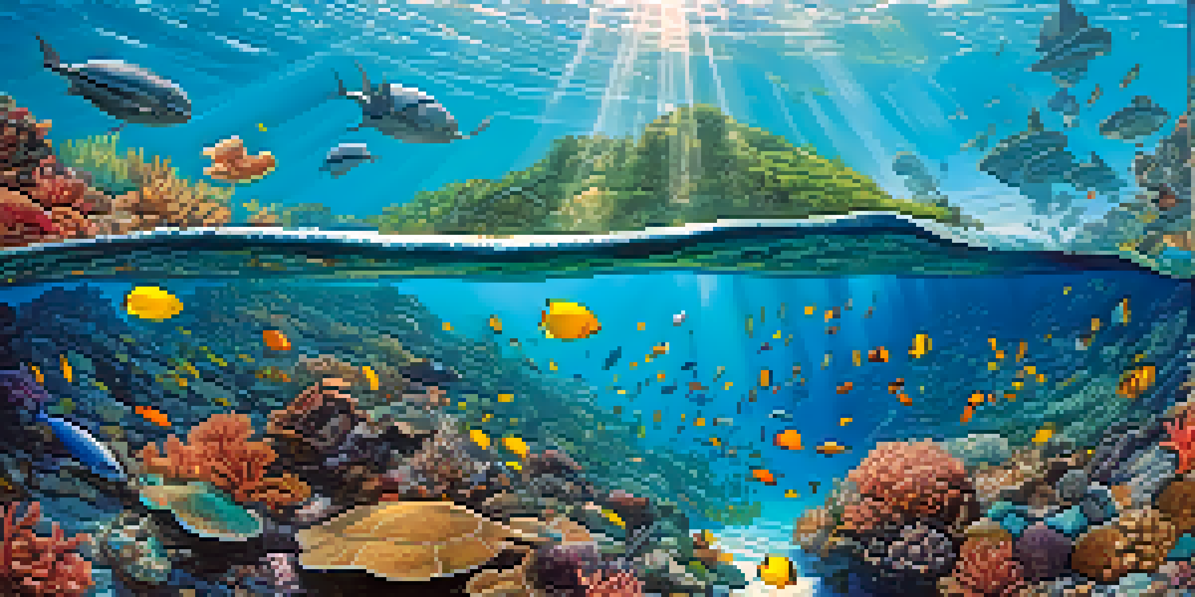 A colorful Hawaiian coral reef with diverse marine life, including fish and sea turtles, under clear blue water with sunlight filtering through.