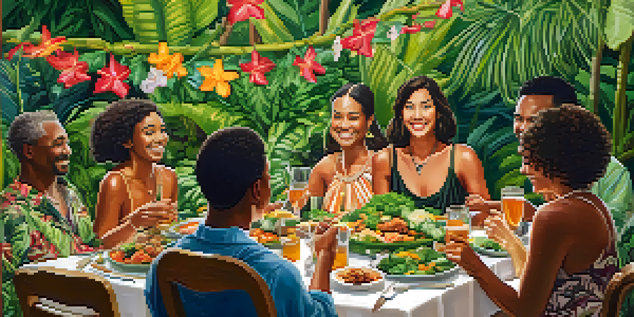 A diverse group of people sharing a plant-based meal outdoors in a garden, highlighting community and cultural connections.