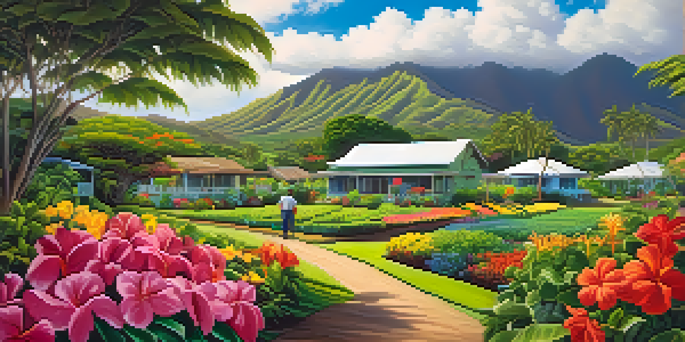 A rural Hawaiian landscape with green mountains, homes, and a farmer tending to a colorful garden under a blue sky.