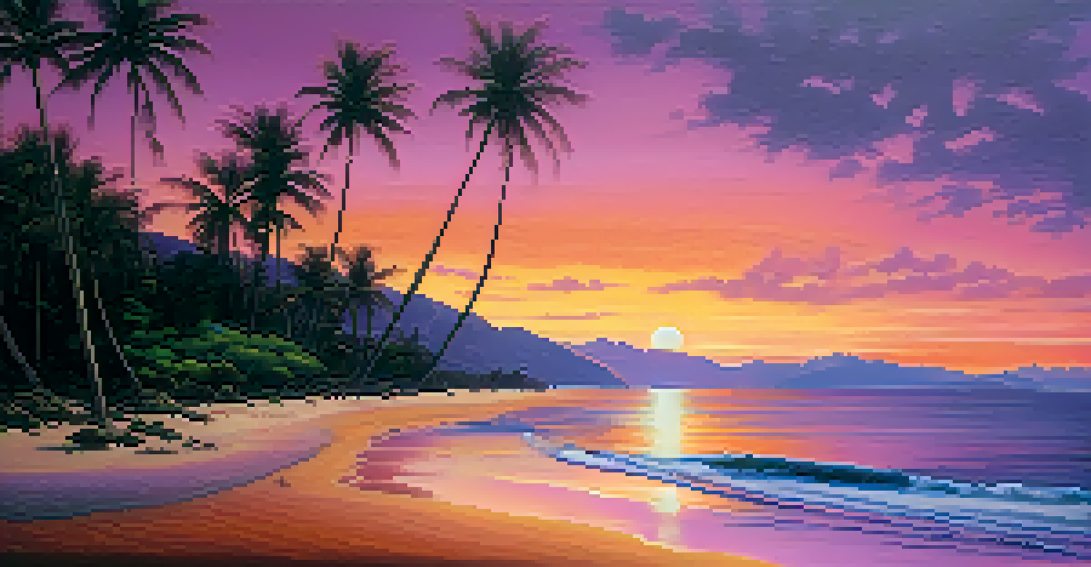 A sunset view of a Hawaiian beach with coral reefs visible in the water, surrounded by palm trees.