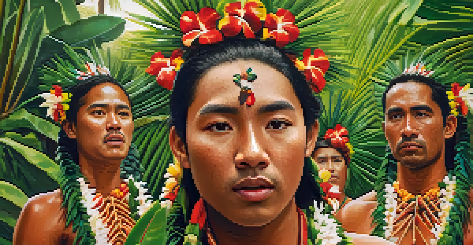 A group of performers engaged in a Hawaiian oli chant, showcasing their traditional garments and emotional expressions amidst tropical foliage.