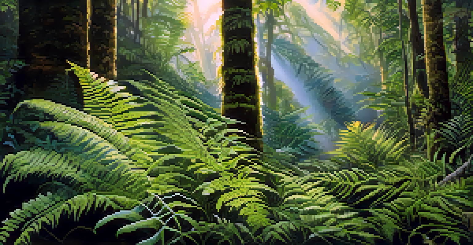 A lush rainforest with various native ferns illuminated by dappled sunlight, showcasing intricate leaf patterns and hints of colorful flowers in the background.