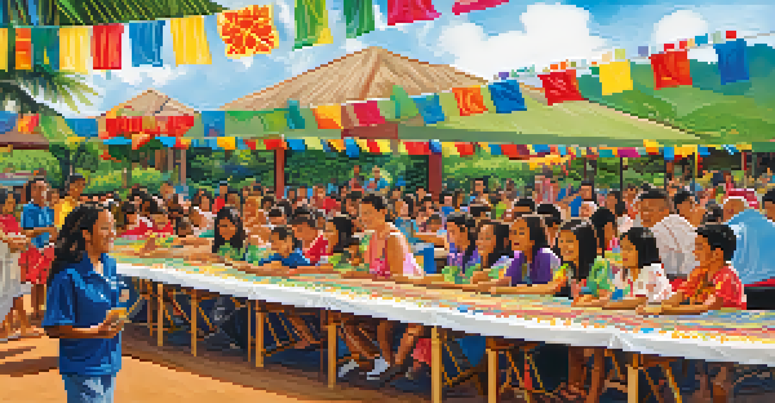 A lively community event at a Hawaiian school with families and children learning traditional crafts.