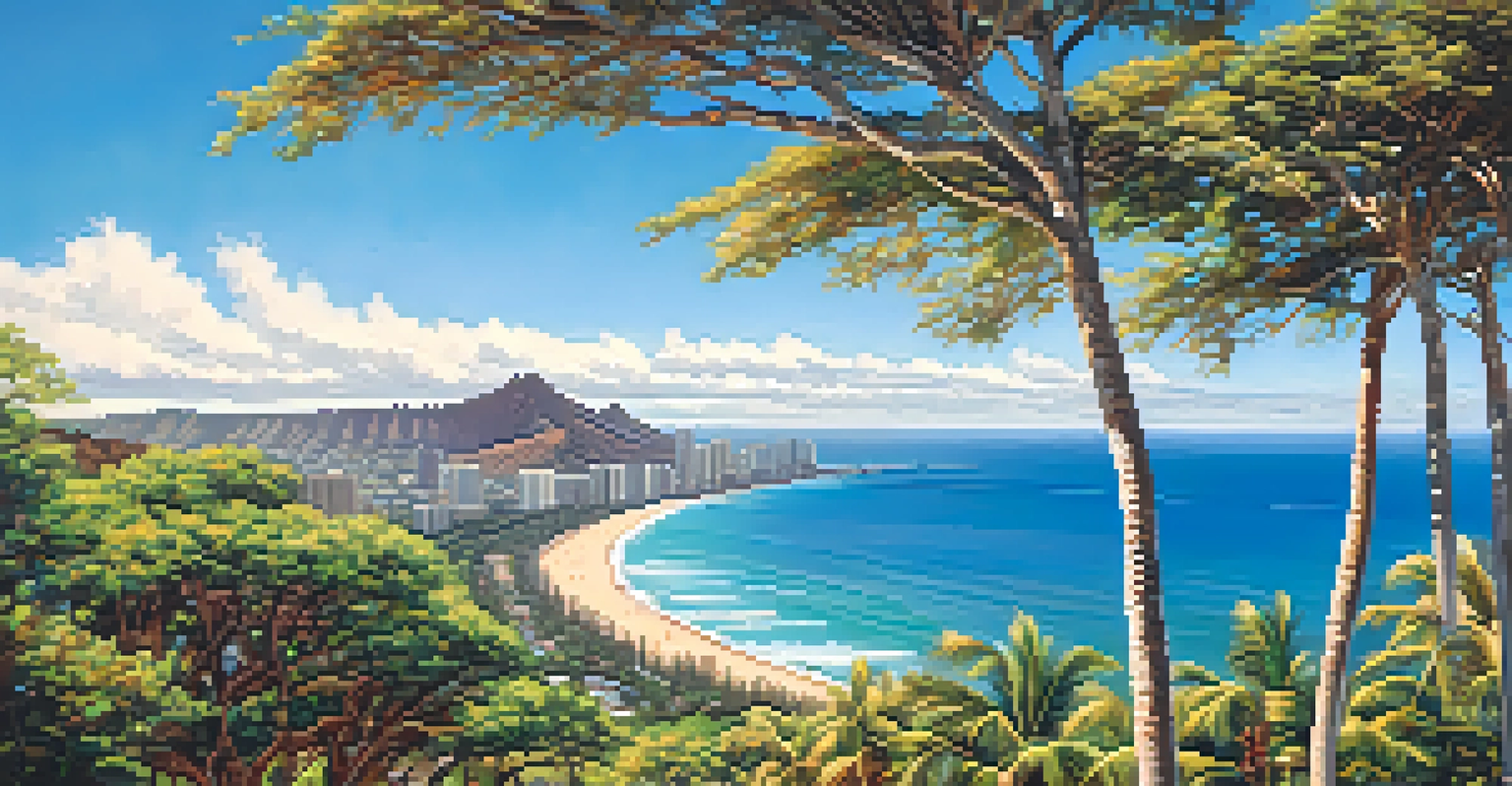 A panoramic view from the summit of Diamond Head Crater showing Waikiki and the Pacific Ocean on a clear day.