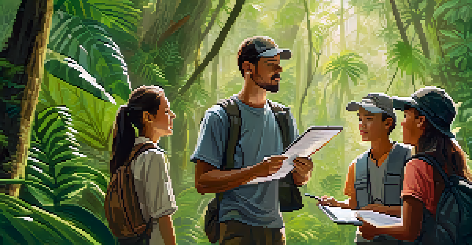 An eco-friendly tour guide showing visitors unique plants in a lush rainforest with sunlight filtering through the trees.