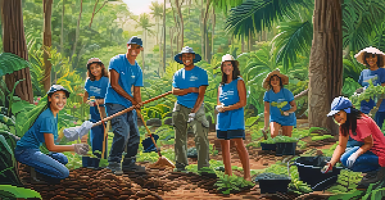 A community clean-up event in Hawaii with volunteers removing invasive plants, surrounded by native trees and flowers.