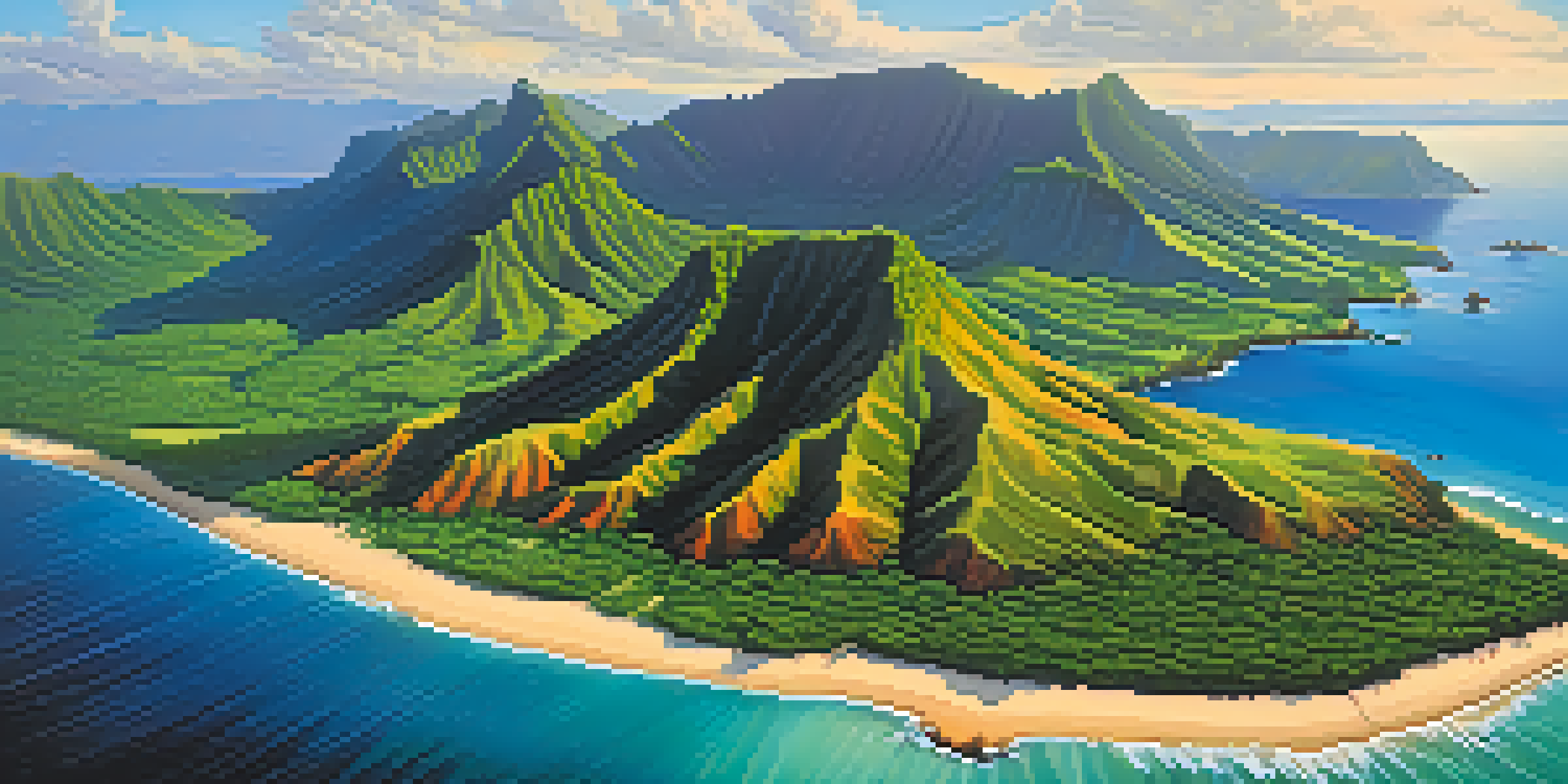 Aerial view of Hawaii's green islands and blue ocean, with mountains in the background during sunset.