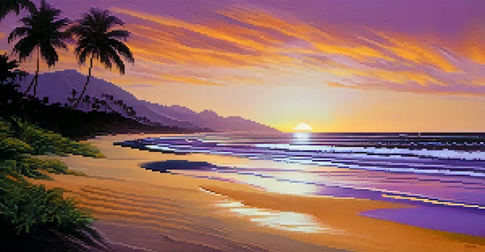 A peaceful Hawaiian beach at sunset with a surfer walking towards the ocean and palm trees in the foreground.