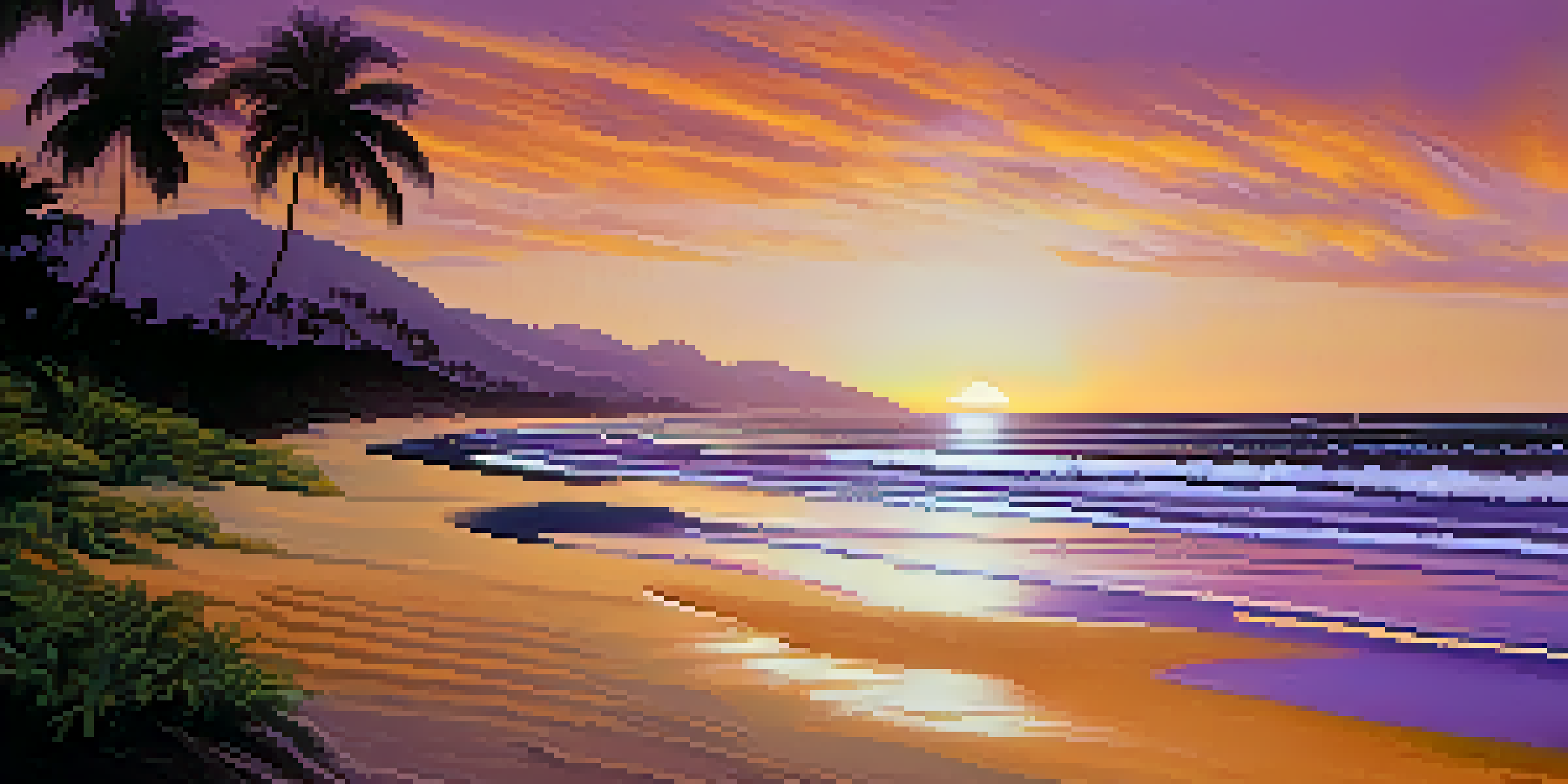 A peaceful Hawaiian beach at sunset with a surfer walking towards the ocean and palm trees in the foreground.
