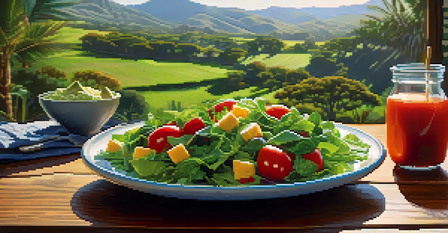 A close-up of a fresh salad featuring greens, tomatoes, and avocado on a wooden table, with a Hawaiian farm landscape in the background.